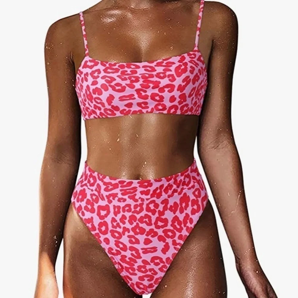 Red and Pink Leopard High Waisted Bikini NWOT - Picture 1 of 8